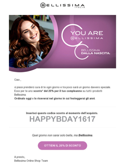 Email di buon compleanno di Bellissima.com