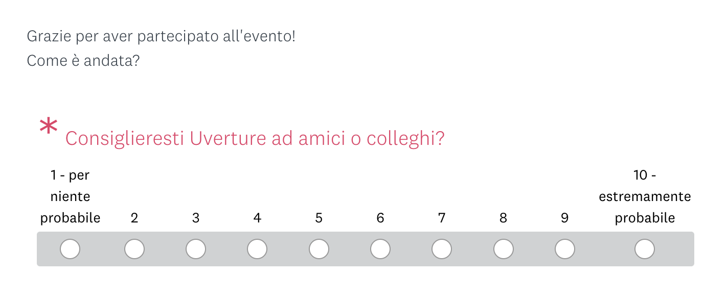 Lo screenshot mostra questo testo: Grazie per aver partecipato all'evento! Come è andata? Consiglieresti Uverture ad amici o colleghi? Segue quindi una scala da 1 a 10, dove 1 è "per niente probabile" e 10 è "estremamente probabile". L'utente può quindi votare.
