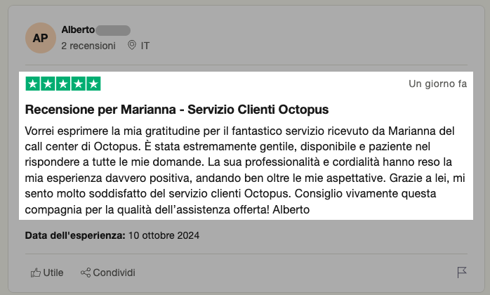 Screenshot da trustpilot in cui si menziona per nome il proprio contatto del customer service per trasmettere gratitudine