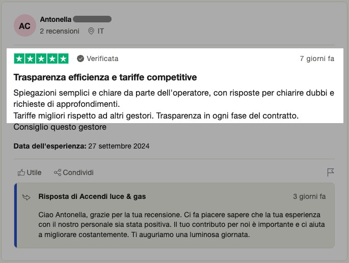 Screenshot da trustpilot che mostra una recensione positiva di un operatore la cui trasparenza è stata gradita