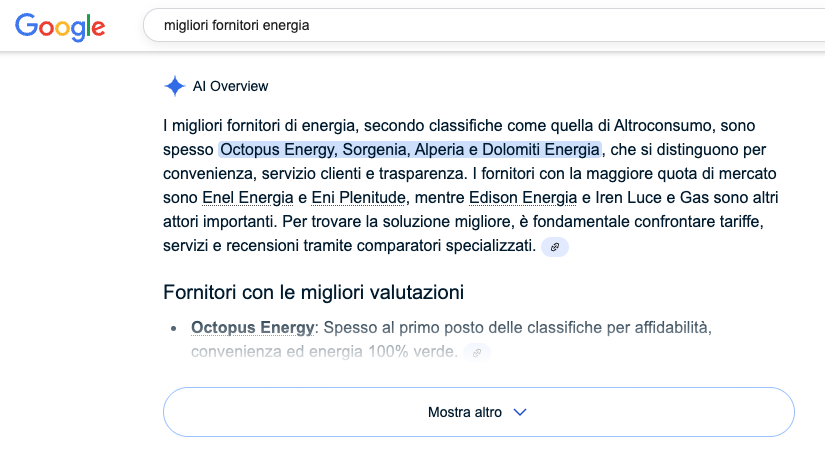 AI overview di google in risposta alla query: "migliori fornitori di energia". L'overview nomina i migliori fornitori secondo Altroconsumo, citando come esempio Octopus energy, Sorgenia, Alperia e Dolomiiti Energia