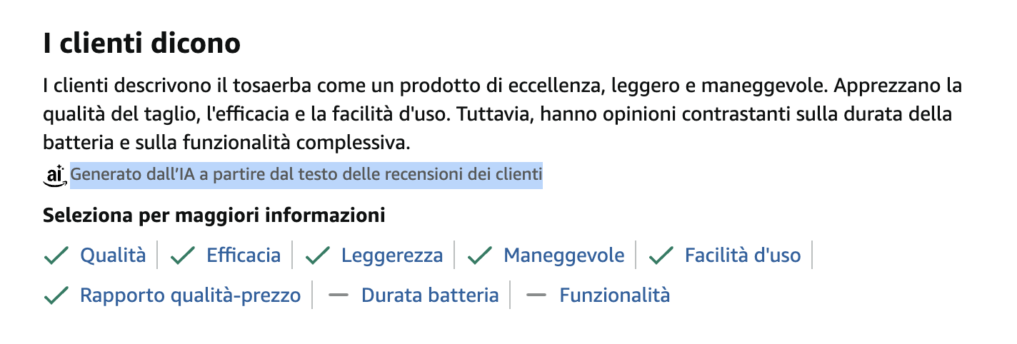 Il riassunto delle recensioni di un prodotto Amazon - nello specifico un tosaerba -generato dall'AI