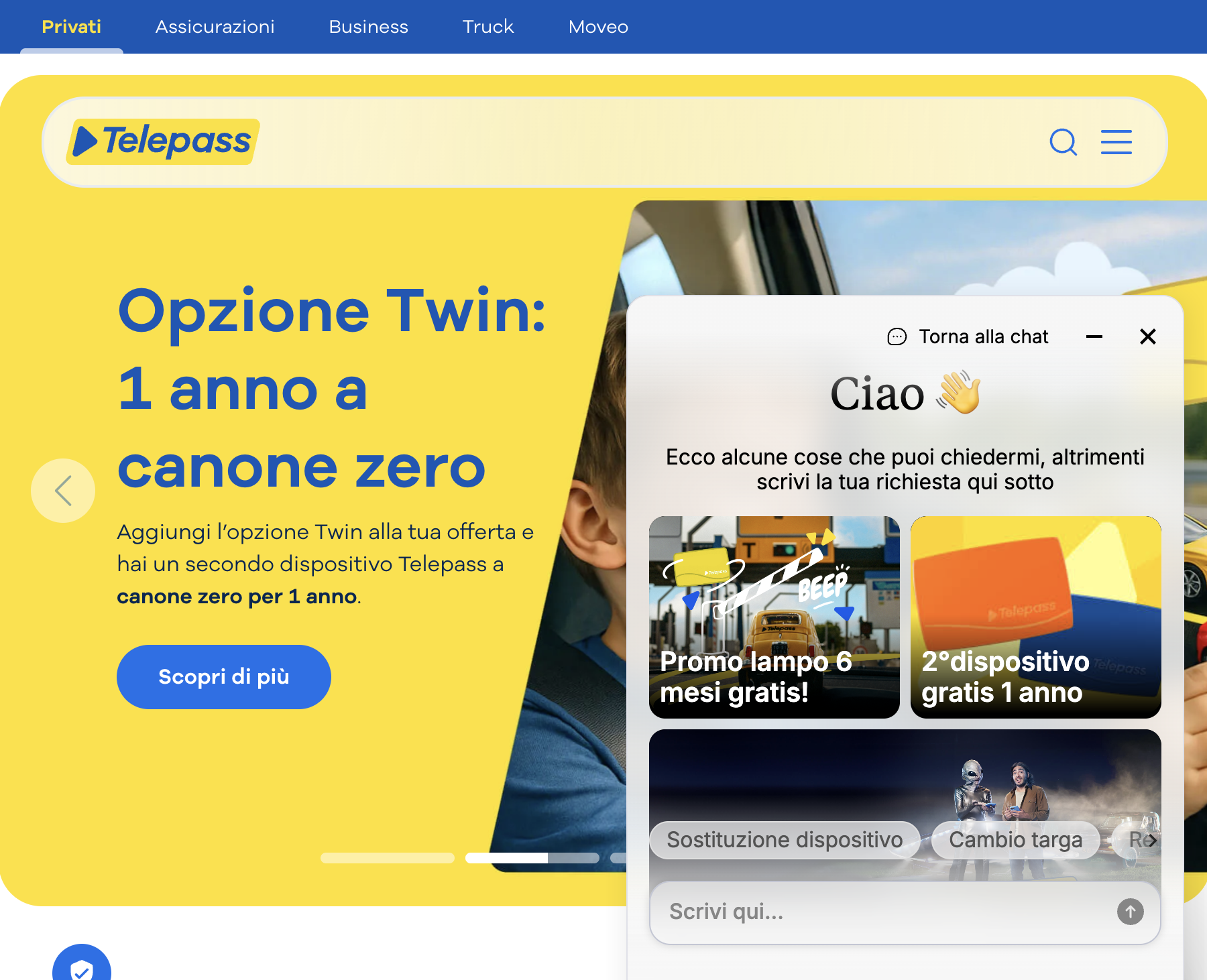 Lo screenshot dell'assistente virtuale nel sito di Telepass