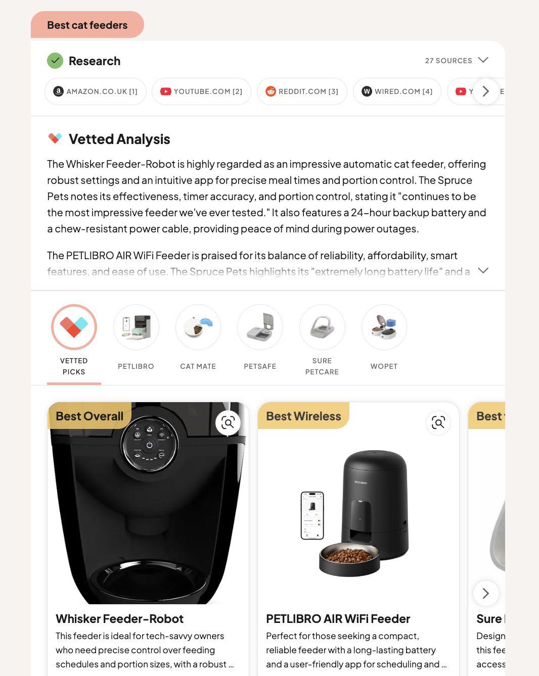 screenshot di un comparatore basato su intelligenza artificiale. Mostra una sintesi delle sue ricerche, le fonti che ha consultato, il link al sito dove acquistare il prodotto.