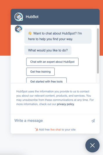 Il chatbot nella homepage del sito web di HubSpot