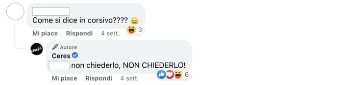 Risposta di Ceres a un commento al suo post su Facebook