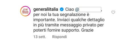Risposta di Generali Italia a un commento sulla sua pagina Instagram