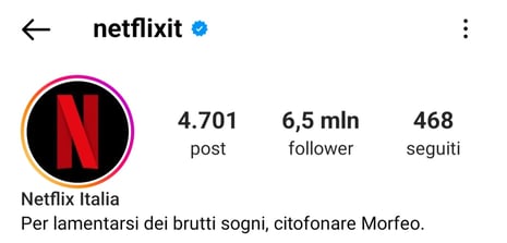 Bio Instagram di Netflix italia