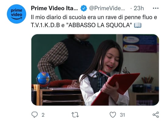 I tweet di Prime Video Italia usano un linguaggio molto vicino al target di riferimento sulla piattaforma social